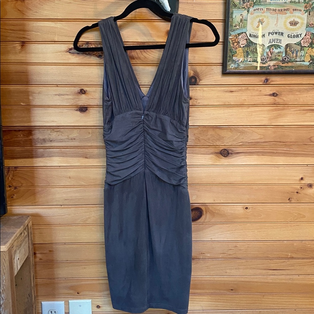 Vintage Bebe suede look and feel body con, ruched, plunge, soft bombshell dress - Picture 3 of 7